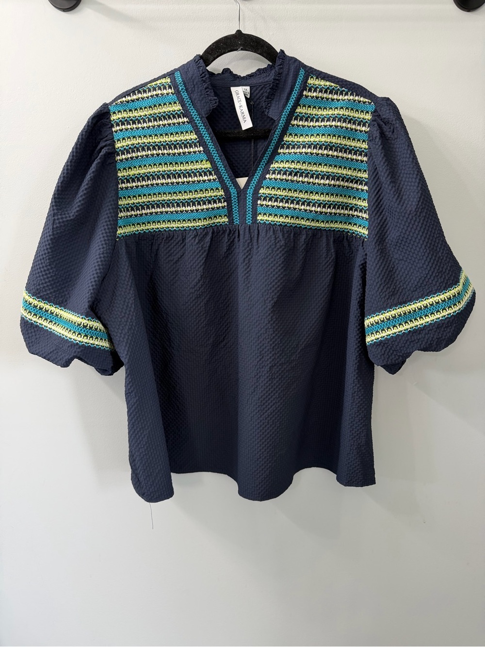 Grace + Karma Navy Embroidered Puff Sleeve V-Neck Peasant Top Size 1X
